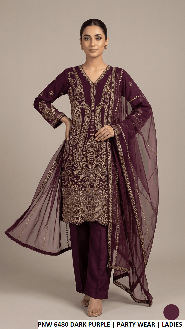 Chiffon straight shirt plazo PNW 6480 DARK PURPLE - Pakistani women's party wear with viscose trouser and chiffon dupatta front view