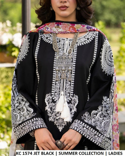 KC Sunehri 1574 Jet Black - Jet Black Embroidered 3-Piece Ready to Wear Women's Pakistani Suit