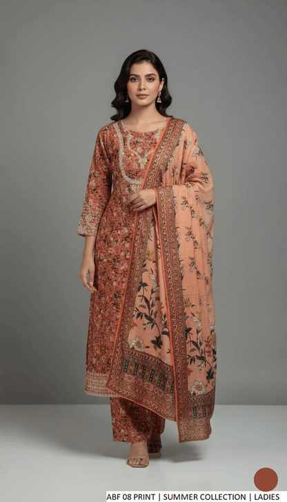 Lawn A-Line printed shirt - Pakistani women's casual summer outfit with lawn trouser and digital print dupatta front view