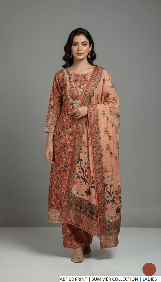 Lawn A-Line printed shirt - Pakistani women's casual summer outfit with lawn trouser and digital print dupatta front view