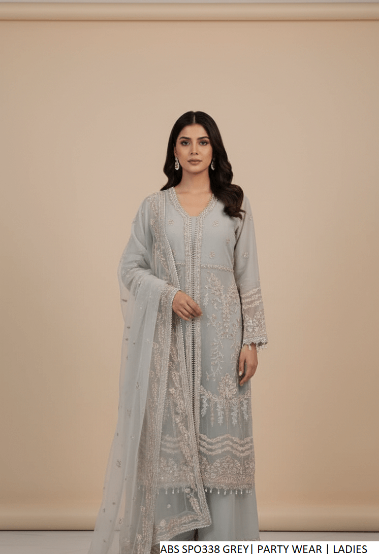Organza open shirt plazo grey - Pakistani women's formal party wear with grip plazo and organza dupatta front view