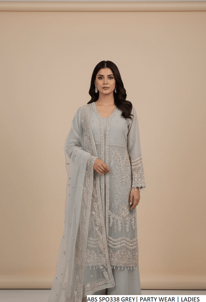 Organza open shirt plazo grey - Pakistani women's formal party wear with grip plazo and organza dupatta front view