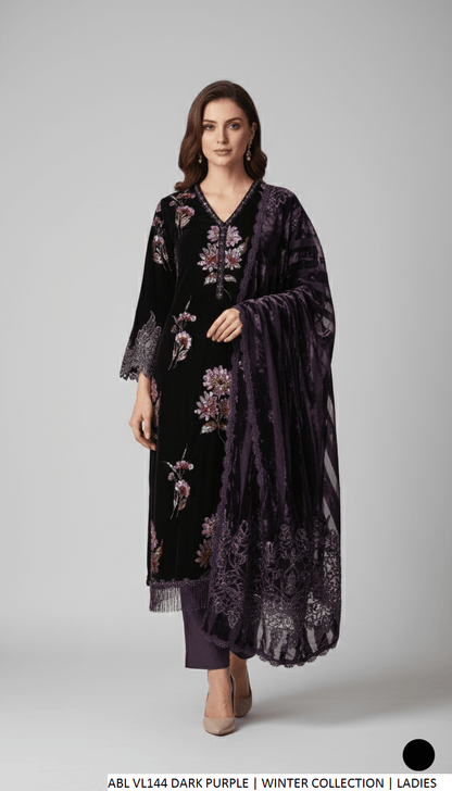 Velvet A-Line shirt dark purple - Pakistani women's formal winter wear with viscose trouser and palachi shawl front view