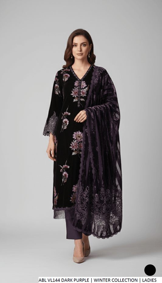 Velvet A-Line shirt dark purple - Pakistani women's formal winter wear with viscose trouser and palachi shawl front view