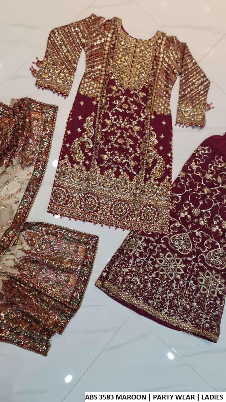 Pakistani women's maroon chiffon shirt plazo back view