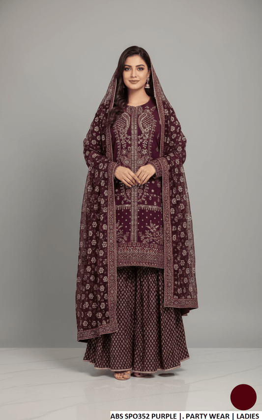 Chiffon straight shirt gharara purple - Pakistani women's festive party wear with jamawar trouser and chiffon dupatta front view