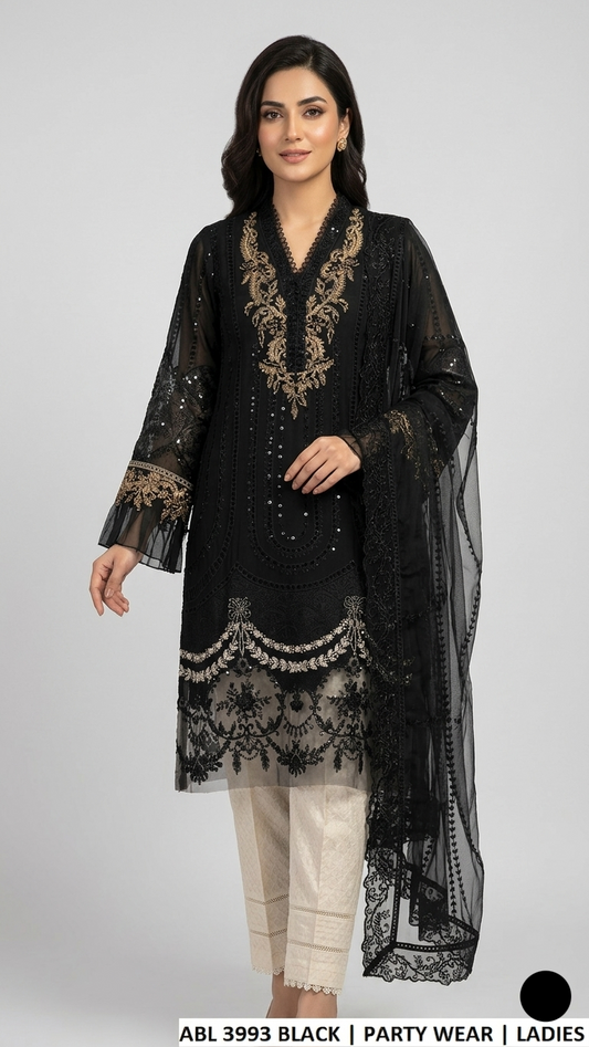 Chiffon straight shirt black - Pakistani women's elegant formal wear with viscose trouser and net dupatta front view