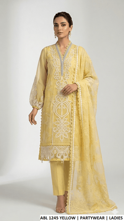Organza A-Line shirt ABL 1245 YELLOW - Pakistani women's festive outfit with cotton trouser and organza dupatta front view