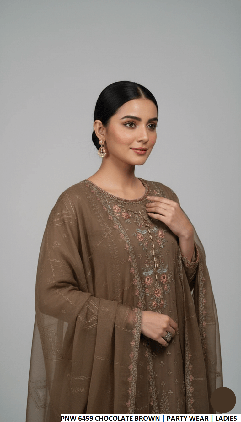 Brown chiffon Pakistani women's straight shirt with plazo side view