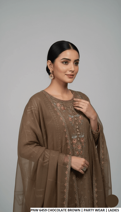Brown chiffon Pakistani women's straight shirt with plazo side view