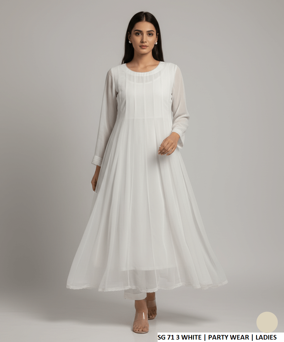 Chiffon long frock white - Pakistani women's elegant formal wear with grip trouser front view