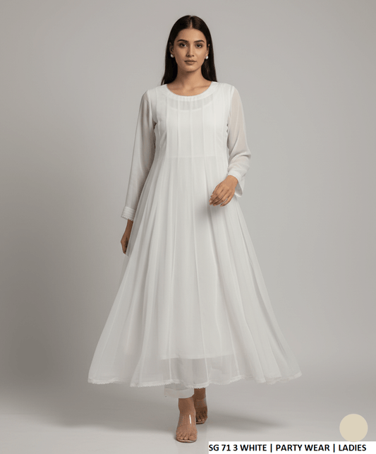 Chiffon long frock white - Pakistani women's elegant formal wear with grip trouser front view
