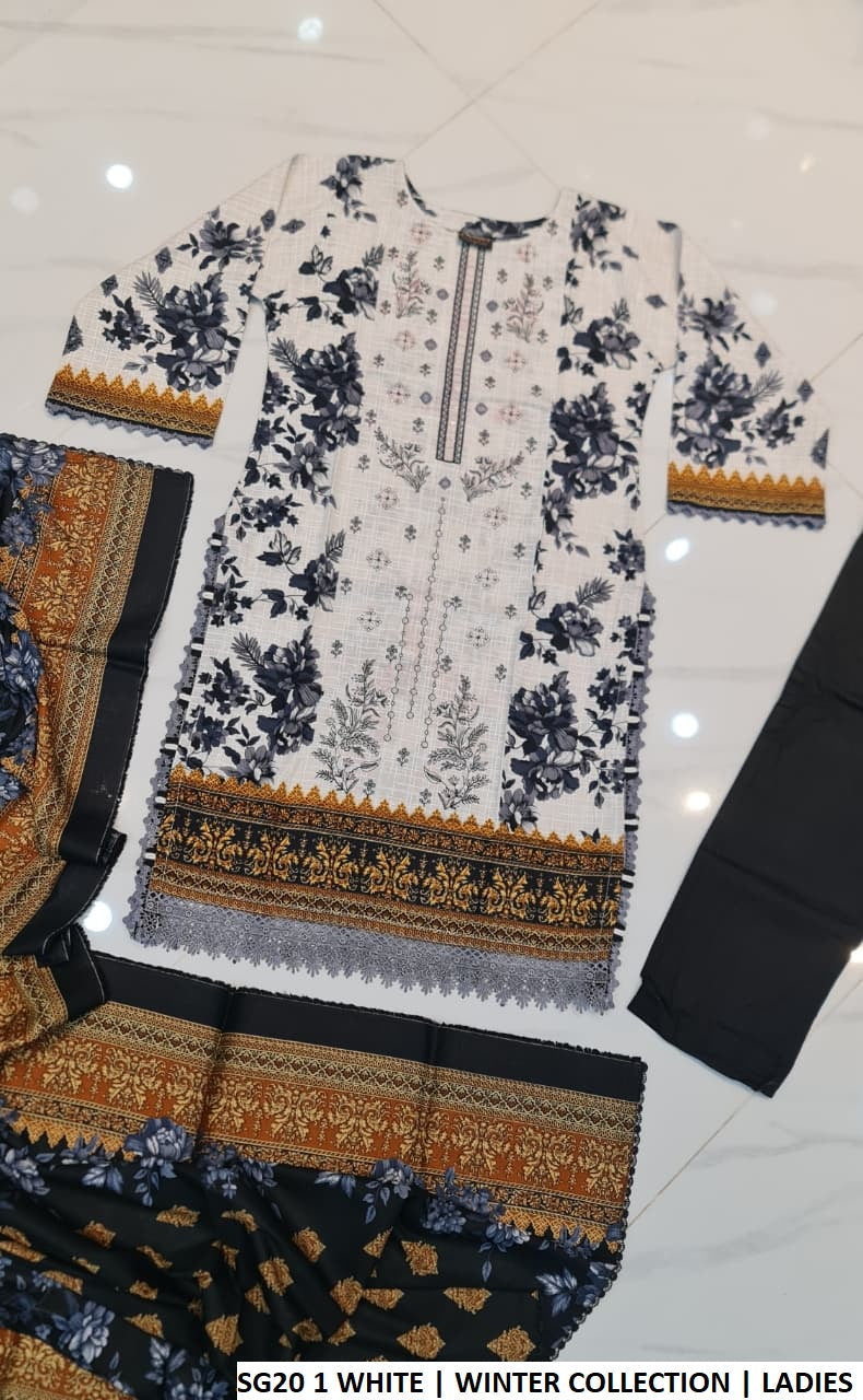 Pakistani women's white khaddar straight winter shirt back view