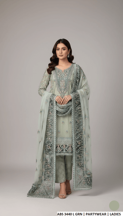 Organza straight shirt plazo light green - Pakistani women's elegant formal wear with grip plazo and organza dupatta front view