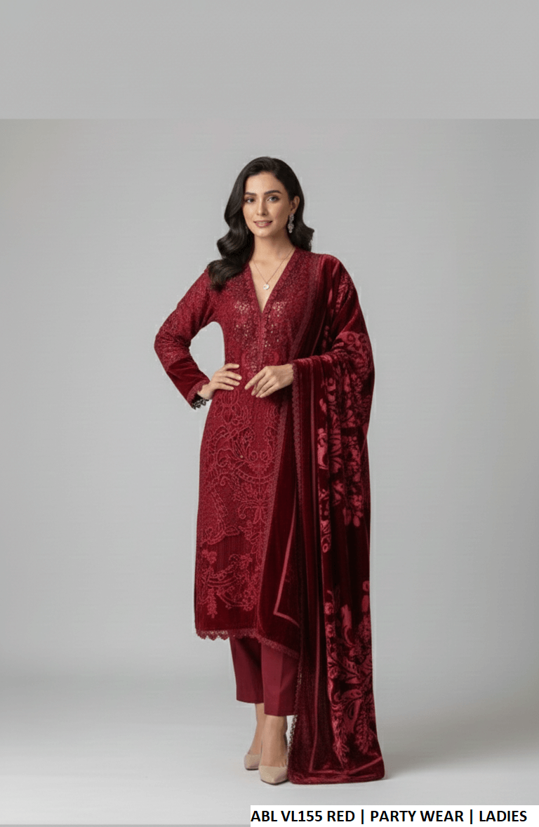 Velvet straight shirt red - Pakistani women's winter formal wear with grip trouser and palachi shawl front view