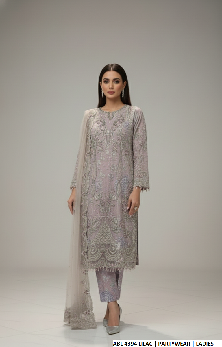 Organza straight shirt lilac - Pakistani women's elegant formal wear with viscose trouser and organza dupatta front view
