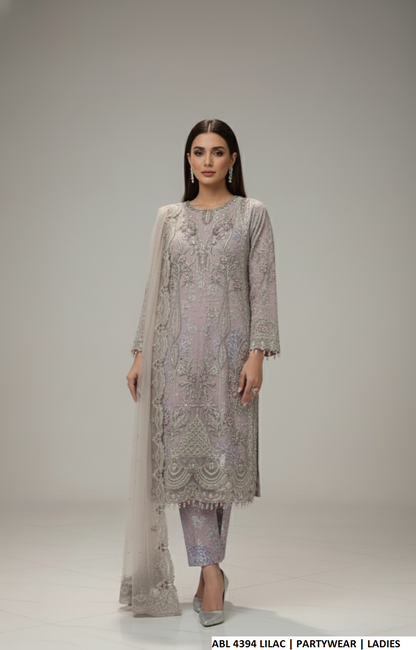 Organza straight shirt lilac - Pakistani women's elegant formal wear with viscose trouser and organza dupatta front view