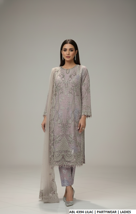 Organza straight shirt lilac - Pakistani women's elegant formal wear with viscose trouser and organza dupatta front view