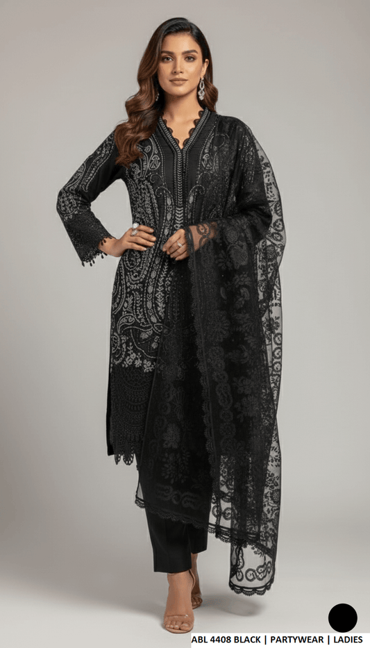 Chiffon straight shirt black - Pakistani women's formal party wear with viscose trouser and chiffon dupatta front view