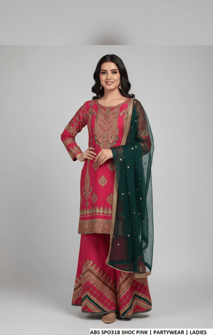 Chiffon straight shirt shocking pink - Pakistani women's party wear with grip trouser and organza dupatta front view