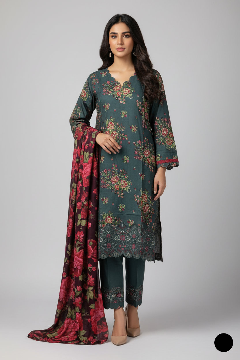 Lawn A-Line printed shirt - Pakistani women's casual summer outfit with cotton trouser and lawn dupatta front view