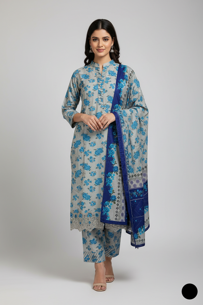 Lawn A-Line printed shirt - Pakistani women's casual summer outfit with cotton trouser and lawn dupatta front view