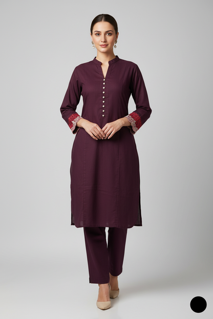 Lawn A-Line shirt dark purple - Pakistani women's casual winter outfit with cotton trouser and lawn dupatta front view