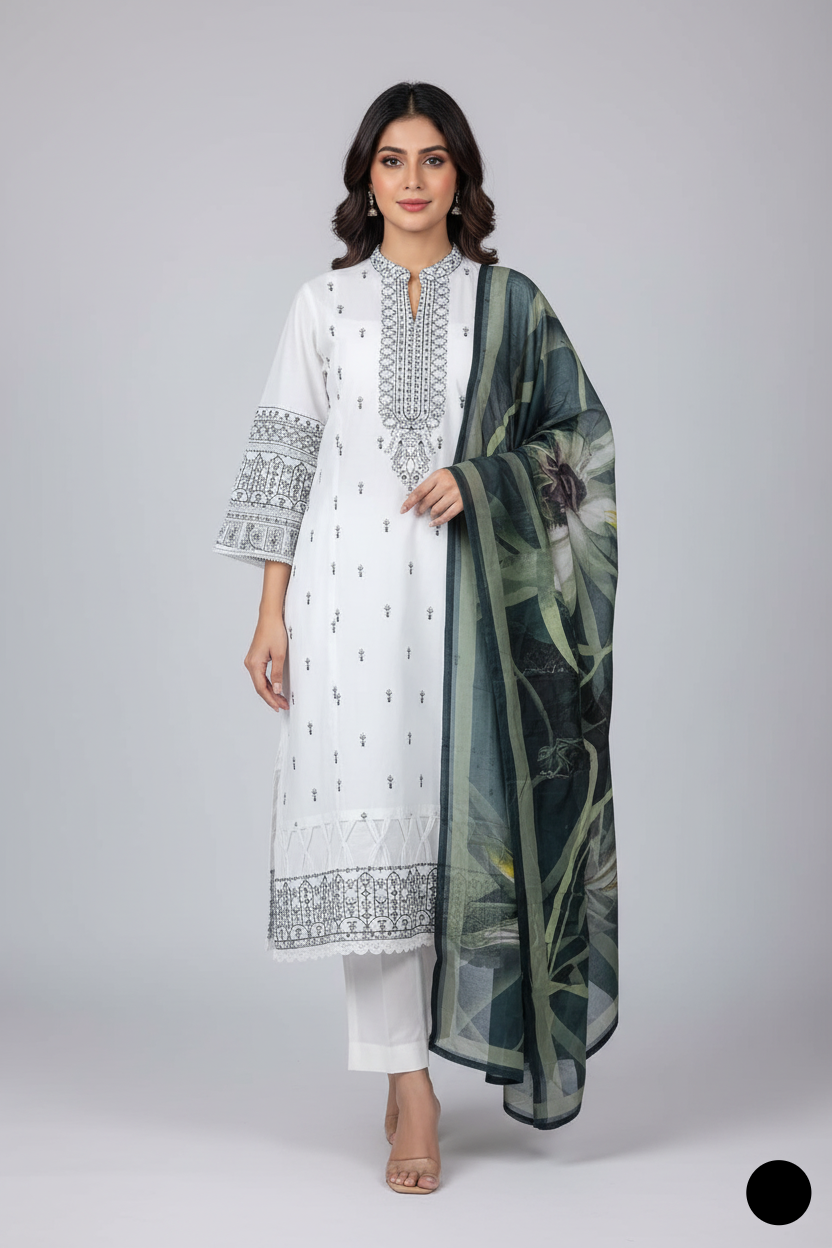 Lawn A-Line shirt white - Pakistani women's casual summer outfit with cotton trouser and lawn dupatta front view