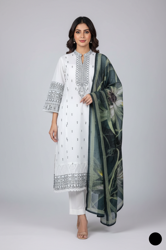 Lawn A-Line shirt white - Pakistani women's casual summer outfit with cotton trouser and lawn dupatta front view