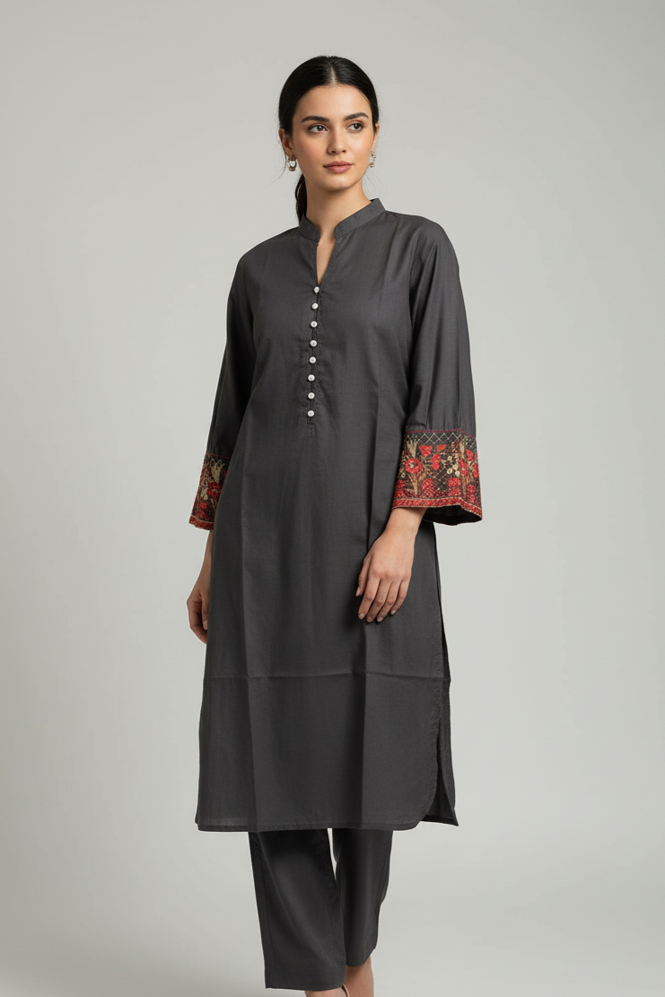 Lawn A-Line shirt dark grey - Pakistani women's casual summer outfit with cotton trouser and lawn dupatta front view