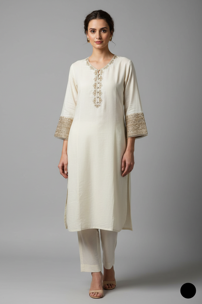 Lawn A-Line shirt off white - Pakistani women's casual winter outfit with cotton trouser and lawn dupatta front view