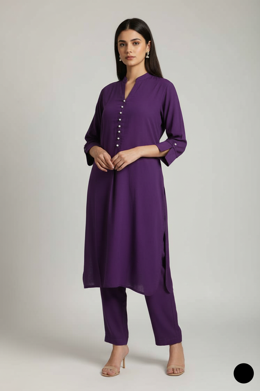 Lawn A-Line shirt purple - Pakistani women's casual winter outfit with cotton trouser and lawn dupatta front view