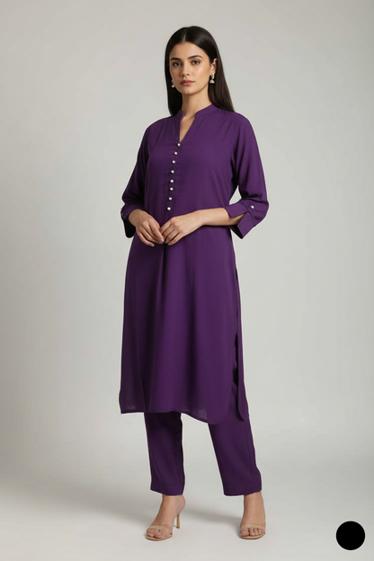 Lawn A-Line shirt purple - Pakistani women's casual winter outfit with cotton trouser and lawn dupatta front view