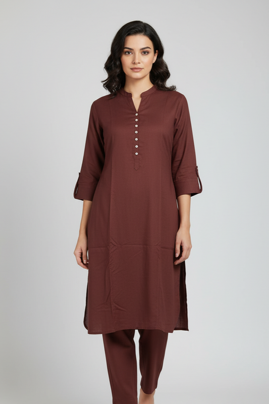 Lawn A-Line shirt brown - Pakistani women's casual winter outfit with cotton trouser and lawn dupatta front view