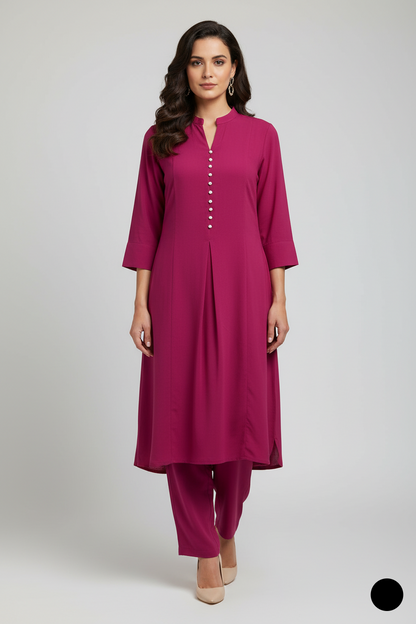 Lawn A-Line shirt magenta - Pakistani women's casual summer outfit with cotton trouser and lawn dupatta front view