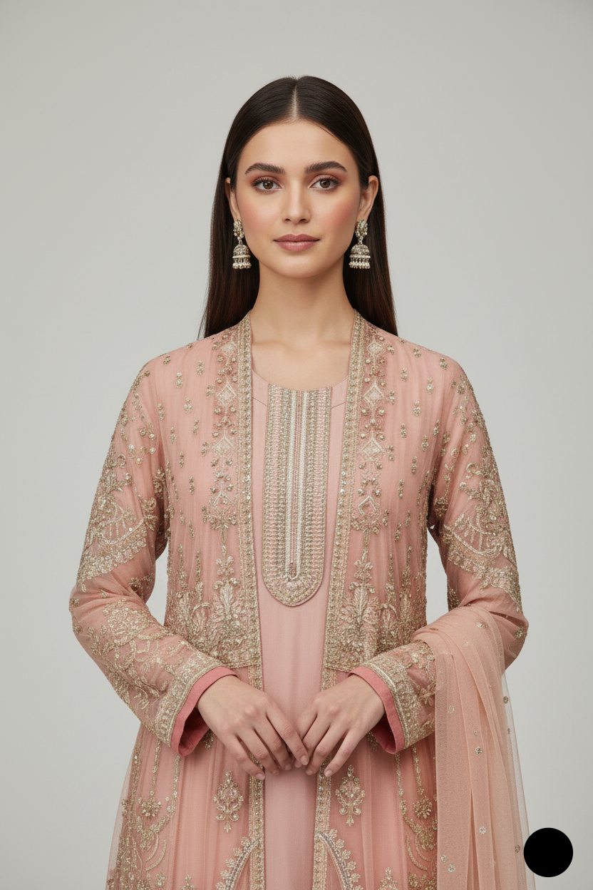 Woman wearing a pink embroidered traditional outfit on a gray background
