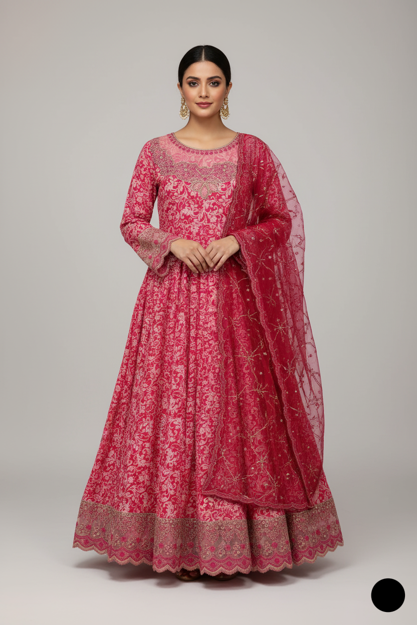 Lawn A-Line shirt pink - Pakistani women's casual summer outfit with cotton trouser and lawn dupatta front view