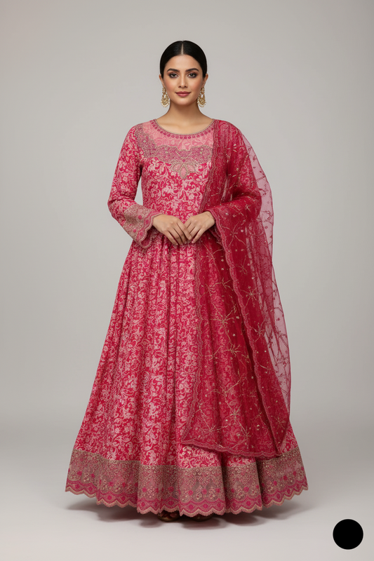 Lawn A-Line shirt pink - Pakistani women's casual summer outfit with cotton trouser and lawn dupatta front view