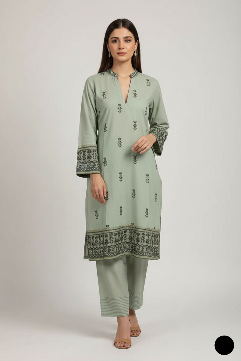 Silk short shirt farshi shalwar pista green - Pakistani women's traditional formal outfit front view