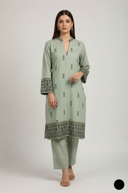 Silk short shirt farshi shalwar pista green - Pakistani women's traditional formal outfit front view