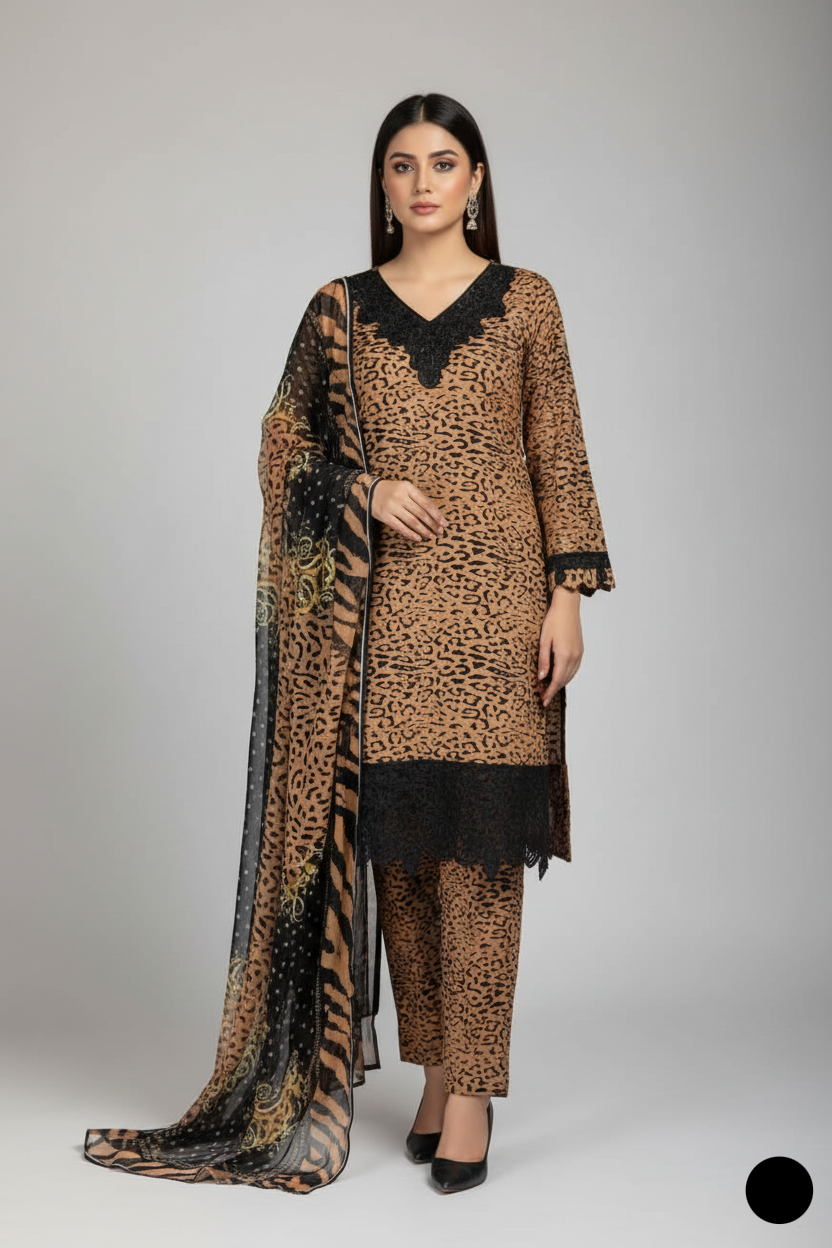 Lawn A-Line printed shirt - Pakistani women's casual summer outfit with cotton trouser and lawn dupatta front view
