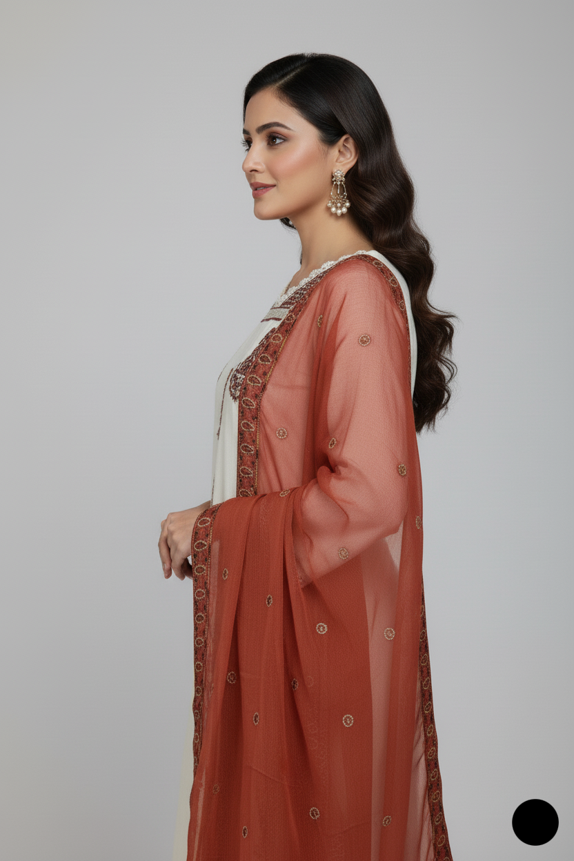 Pakistani women's off white lawn A-Line casual shirt detail view