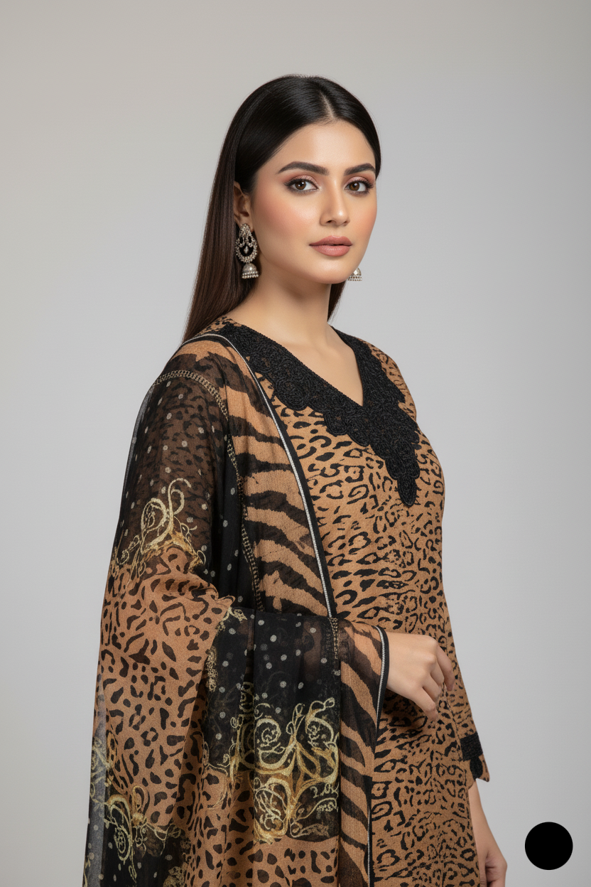 Pakistani women's lawn A-Line printed casual outfit detail view