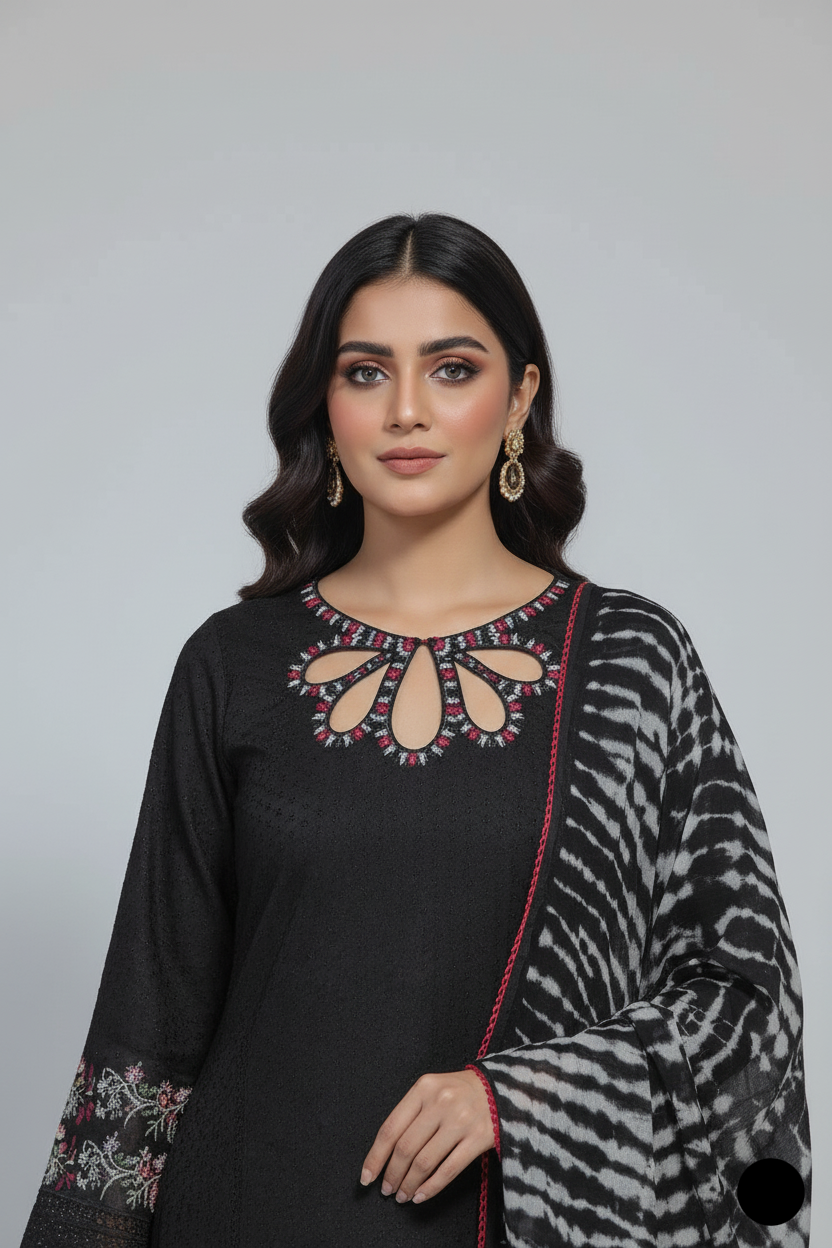 Pakistani women's black lawn A-Line casual shirt detail view