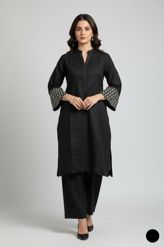Lawn A-Line shirt black white - Pakistani women's casual summer outfit with cotton trouser and lawn dupatta front view