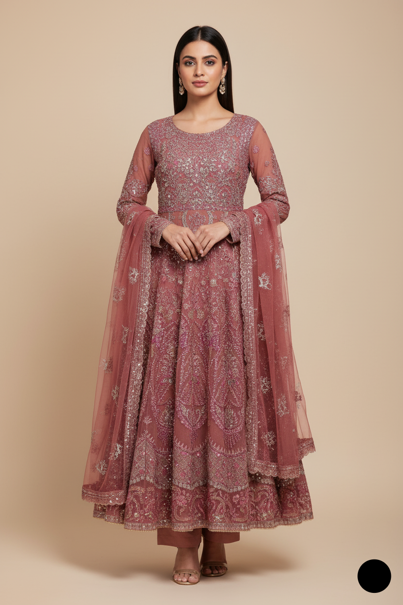 Chiffon straight shirt plazo pink - Pakistani women's party wear with grip plazo and organza dupatta front view