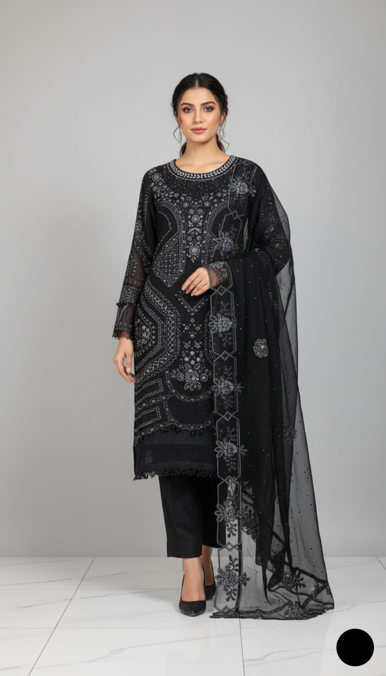 Chiffon straight shirt black - Pakistani women's elegant formal wear with grip trouser and chiffon dupatta front view