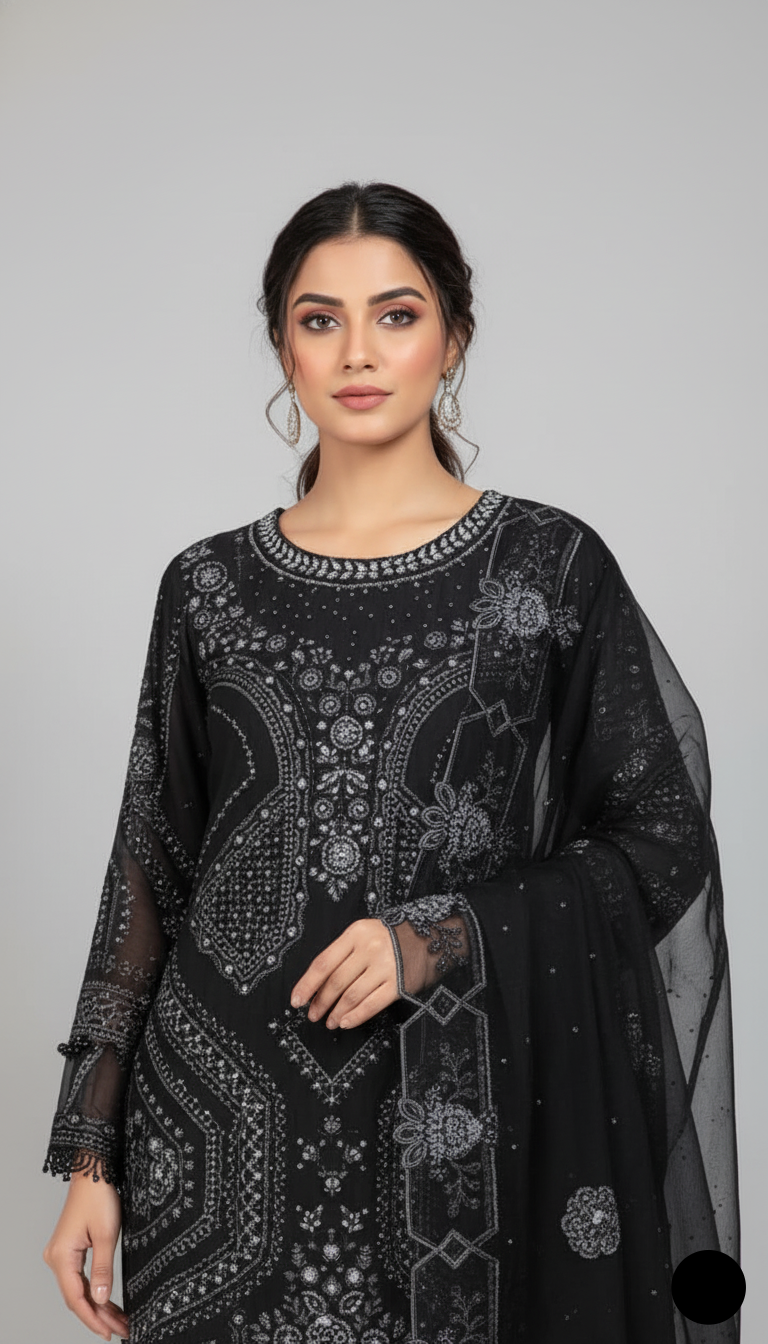 Black chiffon Pakistani women's straight shirt side view