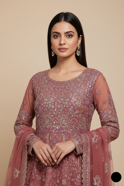 Pink chiffon Pakistani women's straight shirt with plazo side view