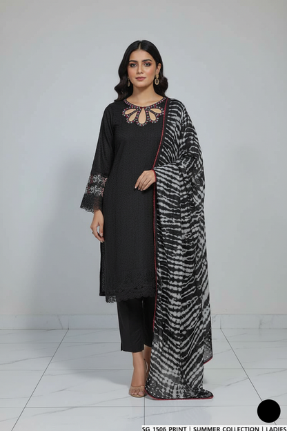 Lawn A-Line shirt black - Pakistani women's casual summer outfit with cotton trouser and lawn dupatta front view
